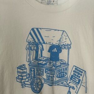 White mens Adidas T-Shirt with Blue Graphic Print size M